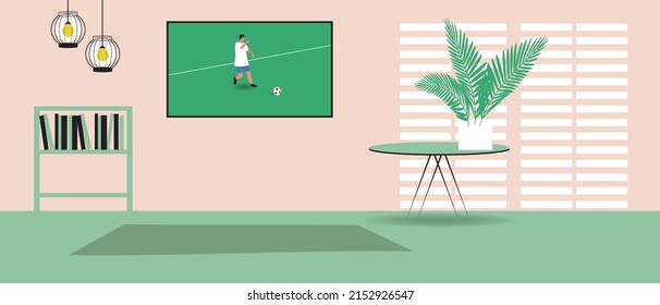 Interior Of Living Room, TELEVISION Broadcast Of Football Championship. Flat Vector Stock Illustration. Modern Interior, No People