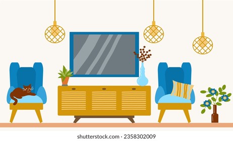 El interior de la sala de estar con televisión, dos sillones, asientos interiores y un gato. Decoración acogedora al estilo de Boho. Ilustración en un estilo de caricatura plano.