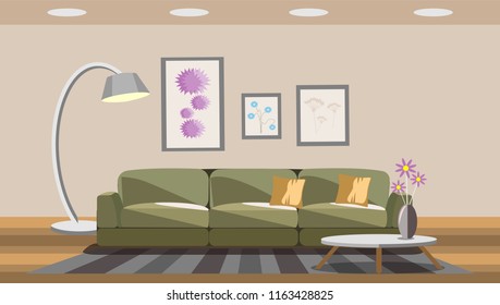 Interior of the living room. Vector banner. Design of a cozy room with sofa and decor accessories.