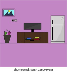 Interior of the living room. Vector banner. Design of a cozy room with a refrigerator, TV stand, picture and decor accessories.