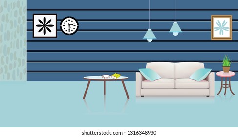 Interior of the living room. Vector banner. Design of a cozy room with sofa, 