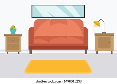 Interior of the living room. Vector banner. with an sofa, photo frames on the wall, a pot with a plant. Flat cartoon style illustration. room vector.interior family room vector. Living family room 