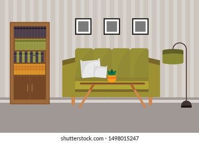 Interior of the living room. Vector banner. with an sofa, photo frames on the wall, a pot with a plant. Flat cartoon style illustration. room vector.interior family room vector. Living family room 
