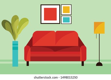 Interior del salón. Cartel vectorial. con un sofá, cuadros de fotos en la pared, una olla con una planta. Ilustración de estilo caricatura plana. vectorial de habitación.vectorial de habitación familiar interior. Sala de estar familiar 