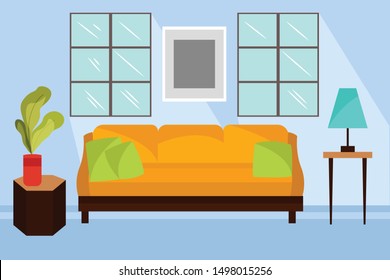 Interior of the living room. Vector banner. with an sofa, photo frames on the wall, a pot with a plant. Flat cartoon style illustration. room vector.interior family room vector. Living family room 