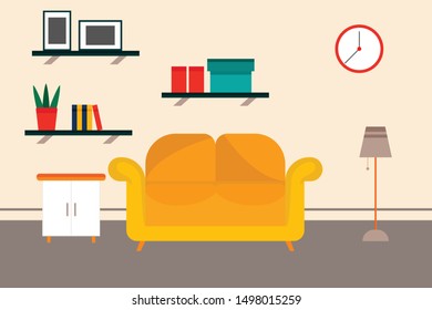 Interior of the living room. Vector banner. with an sofa, photo frames on the wall, a pot with a plant. Flat cartoon style illustration. room vector.interior family room vector. Living family room 