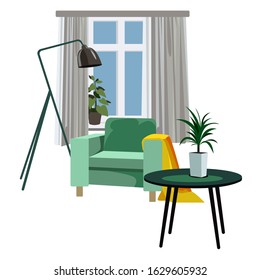 The interior of the living room. Vector banner. Design of a comfortable room with a sofa, armchair, window and decoration accessories.
Furniture. Interior. Living room with sofa, table, lamp, painting