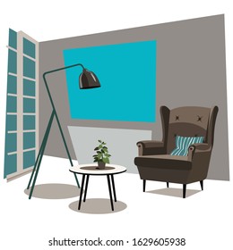 The interior of the living room. Vector banner. Design of a comfortable room with a sofa, armchair, window and decoration accessories.
Furniture. Interior. Living room with sofa, table, lamp, painting