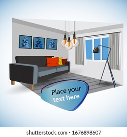 Interior of the living room. Vector banner. Design of a cozy room with sofa, window and decor accessories.