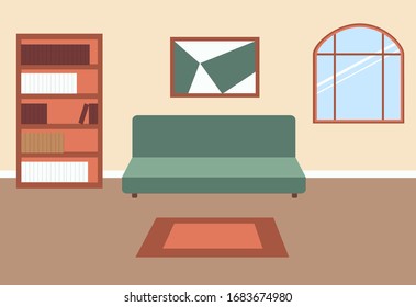 Interior of the living room. Vector banner. Design of a cozy room with a sofa, window, picture, bookcase and rug.