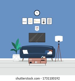 Interior of the living room. Vector banner. Design of a cozy room with sofa, window and decor accessories. Vector illustration about interior