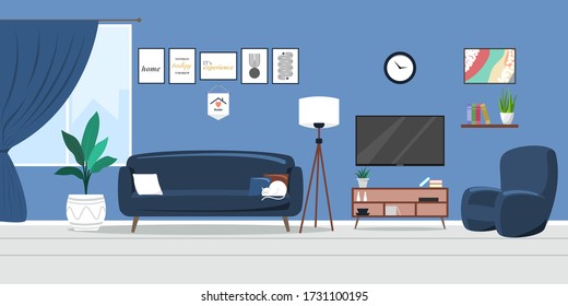 Interior of the living room. Vector banner. Design of a cozy room with sofa, window and decor accessories. Vector illustration about interior