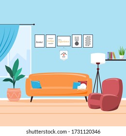 Interior of the living room. Vector banner. Design of a cozy room with sofa, window and decor accessories. Vector illustration about interior