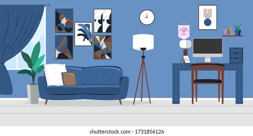 Interior of the living room. Vector banner. Design of a cozy room with sofa, window, decor accessories and work desk. Vector illustration about interior