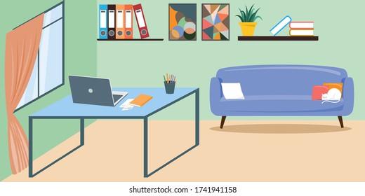 Interior of the living room. Vector banner. Design of a cozy room with sofa, window, decor accessories and work desk. Vector illustration about interior