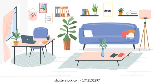 Interior of the living room. Vector banner. Design of a cozy room with sofa, window, decor accessories and work desk. Flat style vector illustration