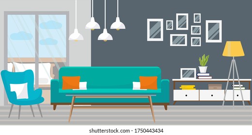 Interior of a living room. Vector banner. Design of a cozy room with sofa, TV stand, window and decoration accessories.