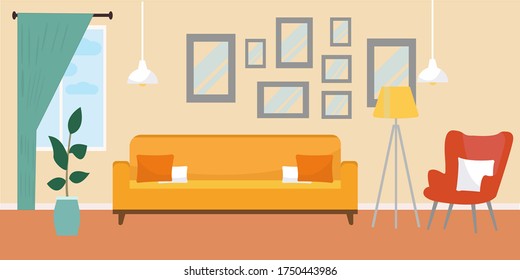 Interior of the living room. Vector banner. Design of a cozy room with sofa, TV stand, window and decor accessories.