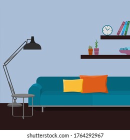 Interior of the living room. Vector banner. Design of a cozy room with sofa and accessories.