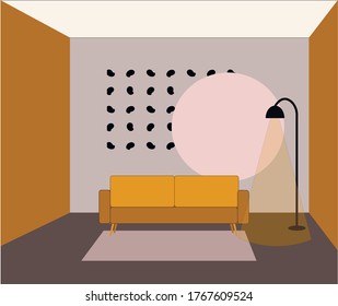 
The interior of the living room. Vector banner. Design a comfortable room with a sofa and a floor lamp. Minimalist modern interior