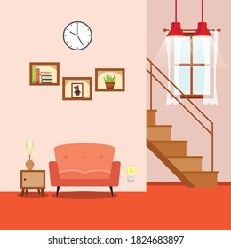 Interior of the living room. Vector banner. Design of a cozy room with sofa, TV stand, window and decor accessories.