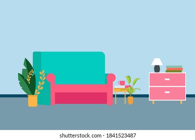 El interior del salón. Cartel del vector. Diseño de una acogedora habitación con sofá, TV, ventana y accesorios de decoración. Diseño plano de ilustración