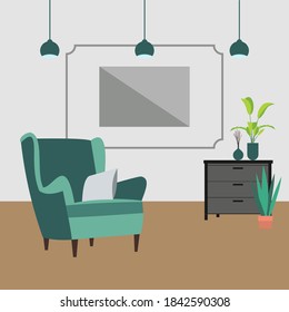 El interior del salón. Cartel del vector. Diseño de una habitación acogedora con sofá, TV, ventana y accesorios de decoración