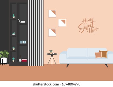 Interior of the living room. Vector banner. Design of a cozy room with sofa, TV stand, window and decor accessories