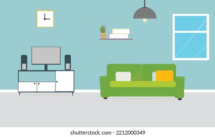 Interior of the living room. Vector banner. Design of a cozy room with sofa, TV stand, window and decor accessories