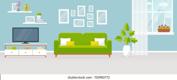 Interior of the living room. Vector banner. Design of a cozy room with sofa, TV stand, window and decor accessories. 