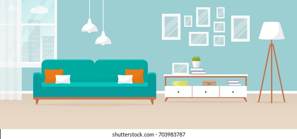 Interior of the living room. Vector banner. Design of a cozy room with sofa, TV stand, window and decor accessories.  - Shutterstock ID 703983787