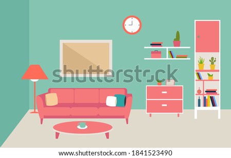 Interior of the living room. Vector banner. Design of a cozy room with sofa, TV stand, window and decor accessories. Illustration Flat Design