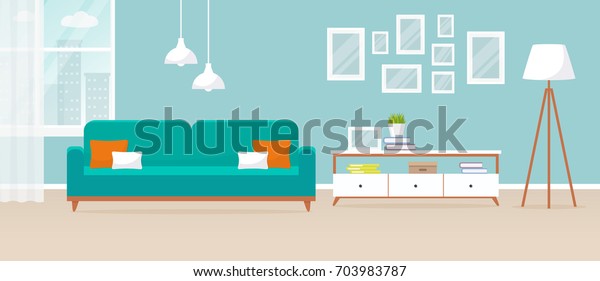 Interior of the\
living room. Vector banner. Design of a cozy room with sofa, TV\
stand, window and decor accessories.\
