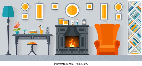 Interior of the living room. Vector. Design of a room with a fireplace in a flat style.