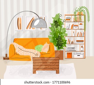 Interior of the living room. Vector flat illustration with Design of a cozy room with sofa, table, shelfs with books, plants and decor accessories. Cozy living room vector illustration