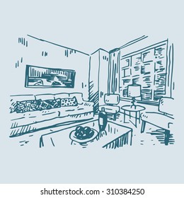 Interior of living room. Vector freehand pencil drawing