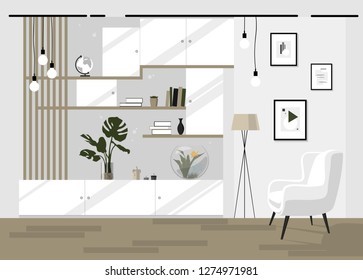 Interior of the living room. Vector illustration. Design of a cozy room with chair, lamp, plant and other decorations and furniture in light colors.