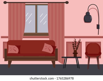 The interior of the living room. Vector illustration. Sofa with pillows, a chair and a table, a lamp. 