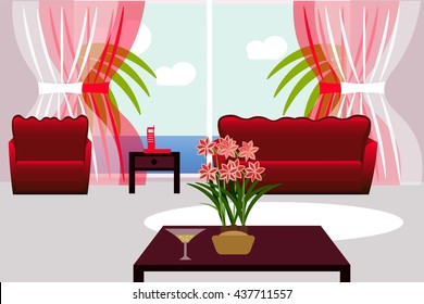 The interior of the living room. Vector illustration of a modern living room with sofa armchair and coffee table.Flat design