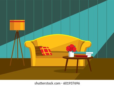 Interior living room. Vector illustration in flat design with long shadows. House furniture. Cartoon background.