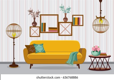 Interior living room. Vector illustration in flat design with shadows. House furniture. Cartoon background. Interior with ethnic motif