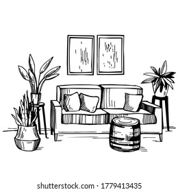 El interior de la sala de estar. Ilustración de esbozo del vector.