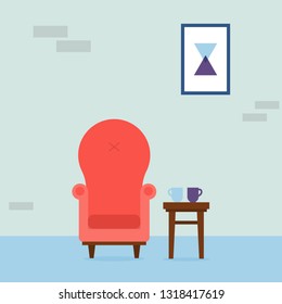 Interior of the living room. Vintage cozy red armchair, abstract picture and chair with cups in room. Interior elements. Vector illustration.