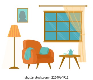 The interior of the living room with a window and furniture in the evening. Vector image of a room interior with an orange armchair, a floor lamp, a table and a teapot.