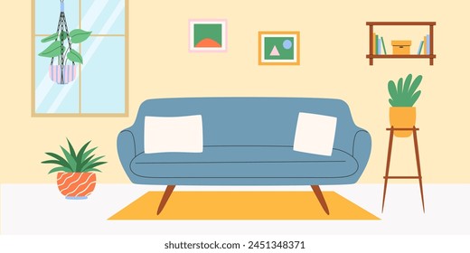 Interior of living room with window and macrame plant. Vector illustration