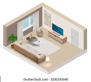 Interior of a living room with window, sofa, tv, orange tree, floor lamp, coffee table, curtains, carpet and paintings on the wall.. Modern design, vector illustration.