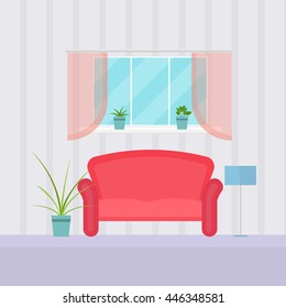 Interior living room with window, sofa, lamp, and plant on a light background, vector illustration in flat style