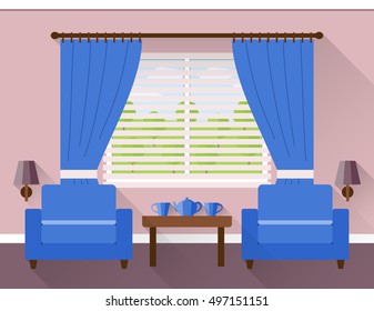 Interior of living room with window and two blue armchairs. Vector illustration in flat design with long shadows.