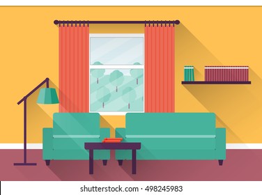 Interior living room with window. Vector illustration in flat design with long shadows. House furniture. Cartoon background.