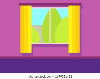 interior living room window yellow curtain tree vector illustration